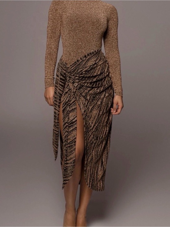 JLUXLABEL Dresses & Skirts - JLUXLABEL Metallic Bronze Long-Sleeve Ruched Midi Dress